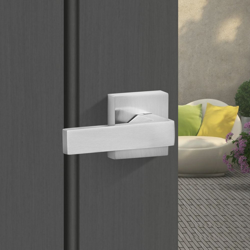 VEVOR Front Door Handle, Satin Nickel Square Handle Set with Lever Door Handle No Lock, Adjustable Hole Space, Entry Door Handle with Reversible for Right and Left Handed Entrance and Front Door