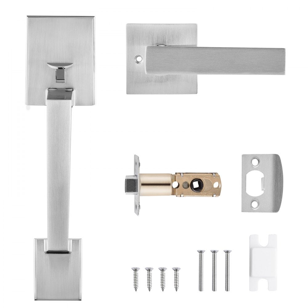 VEVOR Front Door Handle, Satin Nickel Square Handle Set with Lever Door Handle No Lock, Adjustable Hole Space, Entry Door Handle with Reversible for Right and Left Handed Entrance and Front Door