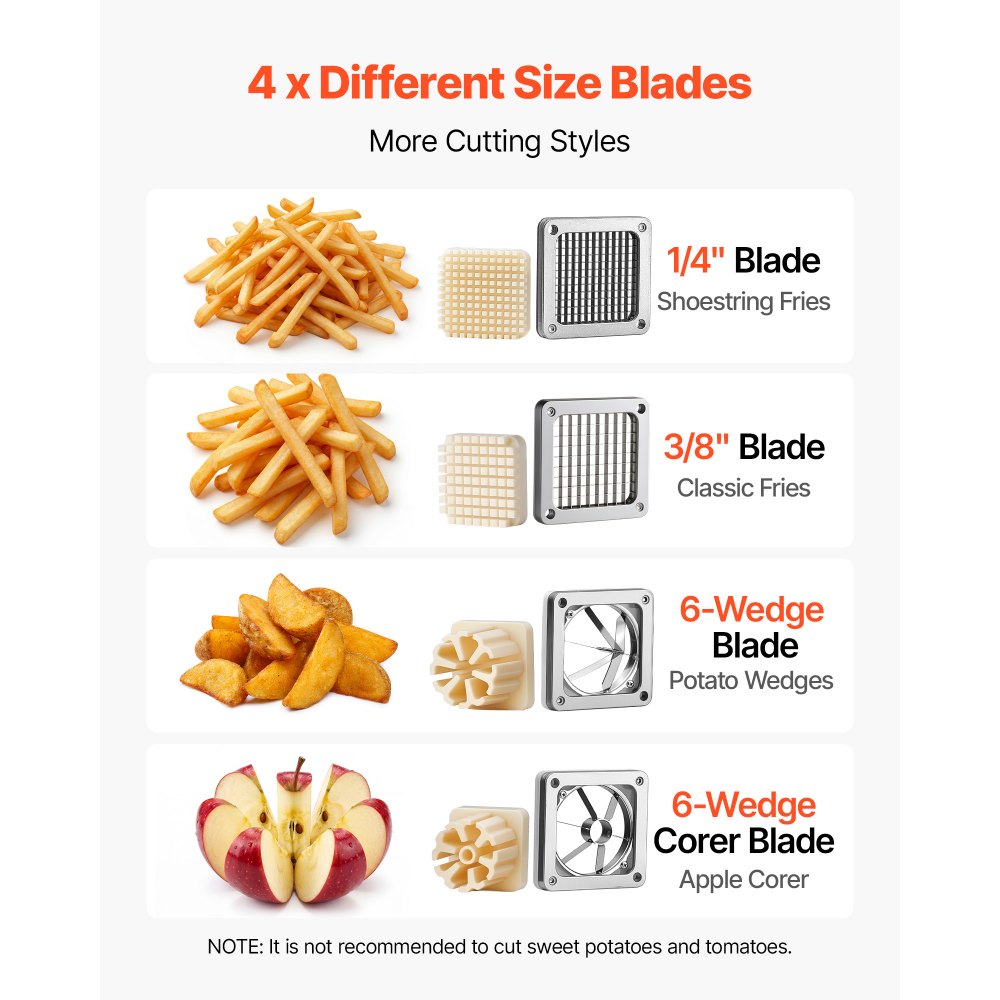 VEVOR French Fry Cutter, Commercial Vegetable Chopper with 4 Blades (1/4", 3/8", 6-Wedge & Apple Corer), Stainless Steel Potato Slicer for Fries, Onion, Carrots, Lemon – Home & Restaurant Use