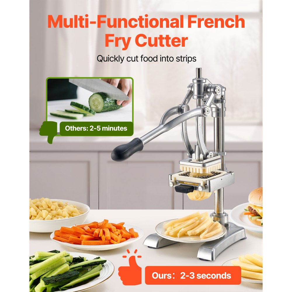 VEVOR Commercial French Fry Cutter, Stainless Steel Vegetable Fruit Chopper with 3 Replacement Blades 1/2-Inch 3/8-Inch 1/4-Inch, and a Juicing Blade, Manual Potato Slicer Dicer for Restaurants & Home
