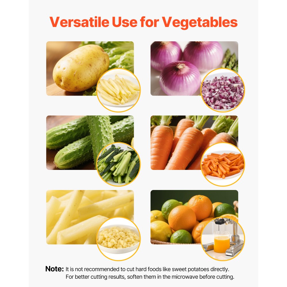 VEVOR Commercial French Fry Cutter, Stainless Steel Vegetable Fruit Chopper with 3 Replacement Blades 1/2-Inch 3/8-Inch 1/4-Inch, and a Juicing Blade, Manual Potato Slicer Dicer for Restaurants & Home