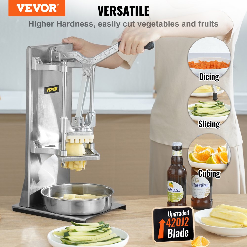 VEVOR Commercial French Fry Cutter with 4 Replacement Blades, 1/4″ and 3/8″ Blade Easy Dicer Chopper, 6-wedge Slicer and 6-wedge Apple Corer, Lemon Potato Cutter for French Fries with Extended Handle