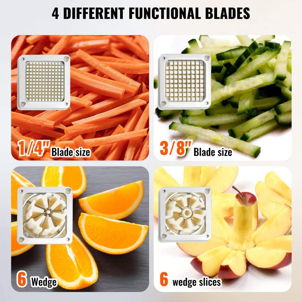 VEVOR Commercial French Fry Cutter with 4 Replacement Blades, 1/4″ and 3/8″ Blade Easy Dicer Chopper, 6-wedge Slicer and 6-wedge Apple Corer, Lemon Potato Cutter for French Fries with Extended Handle