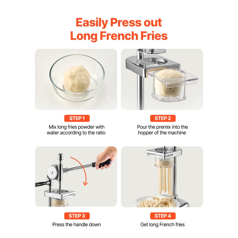 VEVOR Commercial French Fry Cutter, Stainless Steel Fried Potato Strips Squeezer, Long French Fries Maker with Pull-out Extruder, Manual Mashed Potato Squeezer Machine for Restaurants & Home Kitchen