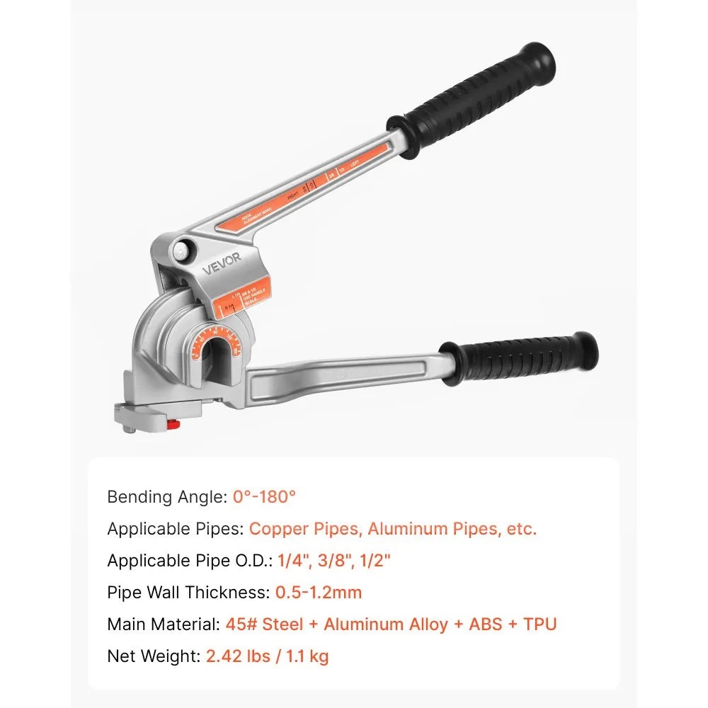 VEVOR Pipe Tube Bender, 1/4", 3/8", 1/2" (12.7mm) OD, 3 in 1 Manual Level Tube Bender, 180° Copper Aluminum Pipes Bending Tool for Automotive Repair, HVAC Air Conditioning