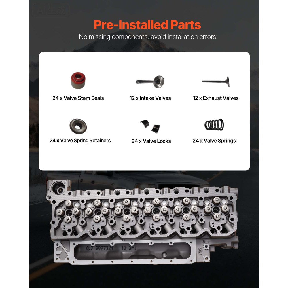 VEVOR Cylinder Head Assembly, 6.7L Replacement for 2007-2018 Dodge Cummins 6.7L, Compatible with Dodge Ram 2500 3500 4500 Models, Complete Engine Cylinder Head Assembly Replaces 3977221, Cast Iron