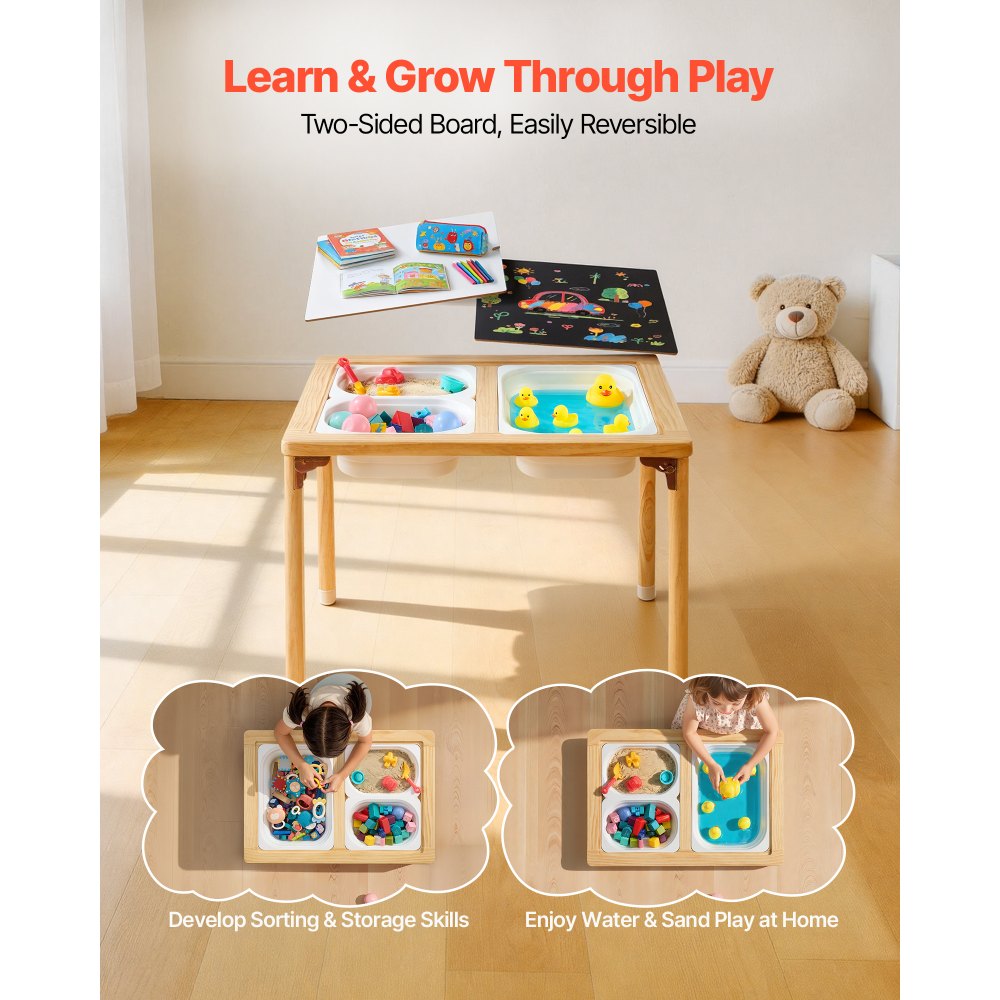 VEVOR Sensory Table for Toddlers, Foldable Wooden Kids Activity Table with Double-Sided Board, Storage Bins, and Non-Slip Feet, for Boys and Girls Playing Sand and Water, Drawing, Studying, Dining