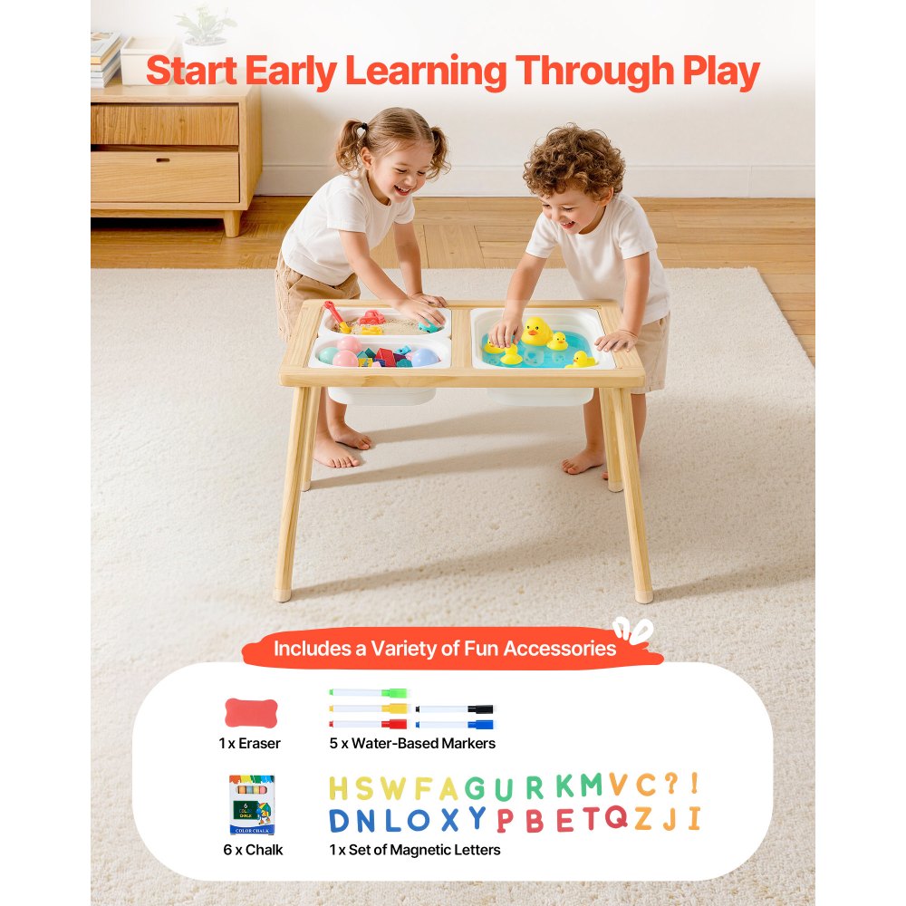 VEVOR Sensory Table for Toddlers, Wooden Kids Activity Table with Reversible Double-Sided Board, Storage Bins, and Non-Slip Feet, for Boys and Girls Playing Sand and Water, Drawing, Studying, Dining