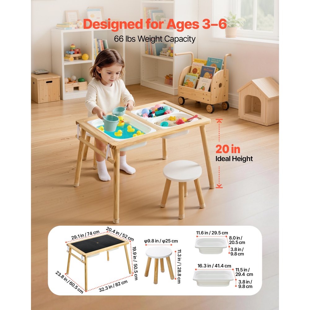 VEVOR Sensory Table for Toddlers, Wooden Kids Activity Table with 2 Stools, Double-Sided Board, Storage Bins, and Non-Slip Feet, for Boys and Girls Playing Sand and Water, Drawing, Studying, Dining