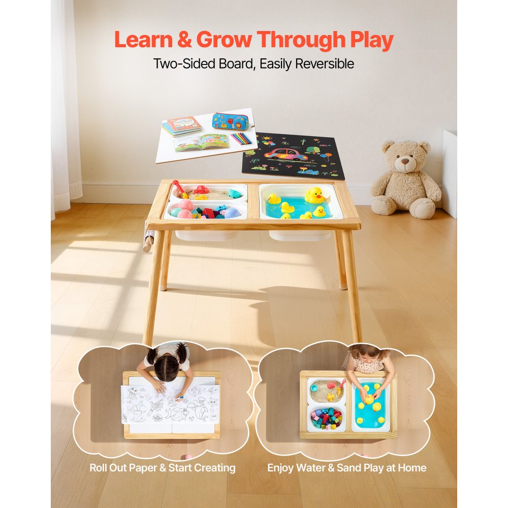 VEVOR Sensory Table for Toddlers, Wooden Kids Activity Table with 2 Stools, Double-Sided Board, Storage Bins, and Non-Slip Feet, for Boys and Girls Playing Sand and Water, Drawing, Studying, Dining