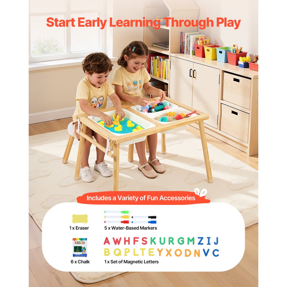 VEVOR Sensory Table for Toddlers, Wooden Kids Activity Table with 2 Stools, Double-Sided Board, Storage Bins, and Non-Slip Feet, for Boys and Girls Playing Sand and Water, Drawing, Studying, Dining