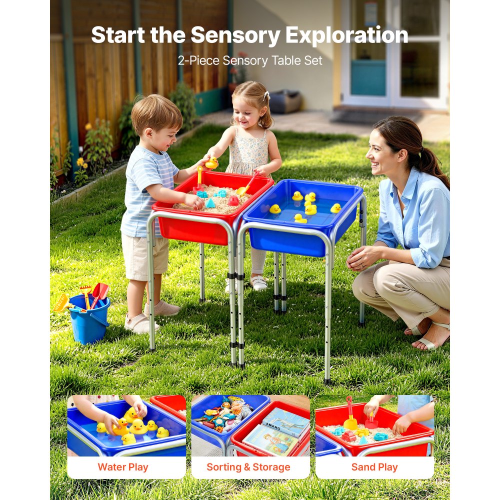 VEVOR Sensory Table for Toddlers, Kids 2-Station Sand and Water Adjustable Play Table with Detachable Storage Bins and Non-Slip Feet, Carbon Steel Frame, Rounded Corners, for Boys and Girls Exploring