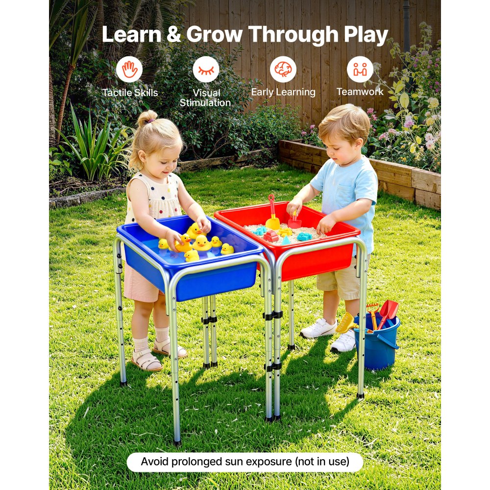 VEVOR Sensory Table for Toddlers, Kids 2-Station Sand and Water Adjustable Play Table with Detachable Storage Bins and Non-Slip Feet, Carbon Steel Frame, Rounded Corners, for Boys and Girls Exploring