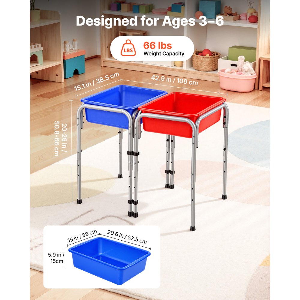 VEVOR Sensory Table for Toddlers, Kids 2-Station Sand and Water Adjustable Play Table with Detachable Storage Bins and Non-Slip Feet, Carbon Steel Frame, Rounded Corners, for Boys and Girls Exploring