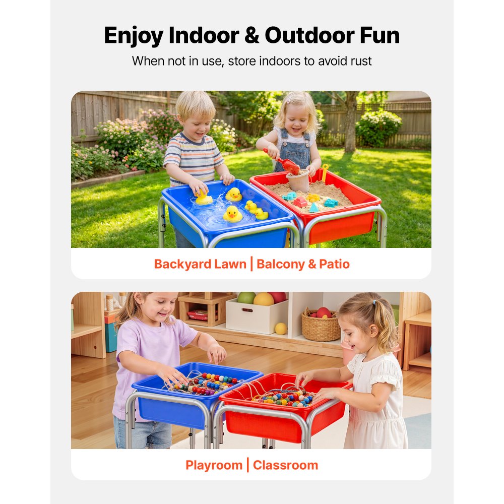 VEVOR Sensory Table for Toddlers, Kids 2-Station Sand and Water Adjustable Play Table with Detachable Storage Bins and Non-Slip Feet, Carbon Steel Frame, Rounded Corners, for Boys and Girls Exploring