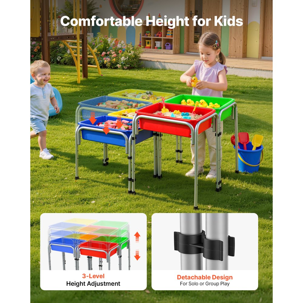 VEVOR Sensory Table for Toddlers, Kids 4-Station Sand and Water Adjustable Play Table with Detachable Storage Bins and Non-Slip Feet, Carbon Steel Frame, Rounded Corners, for Boys and Girls Exploring