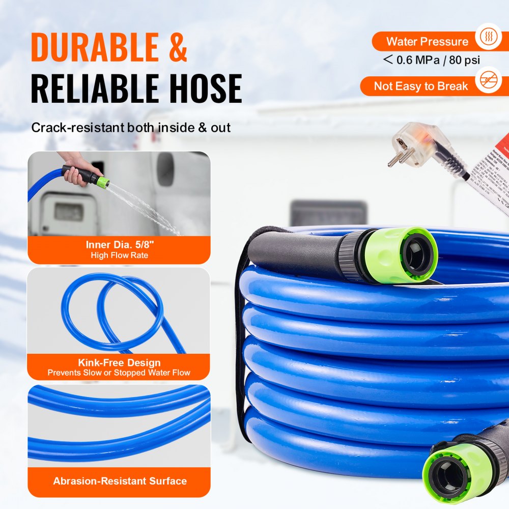 VEVOR 15ft Heated Water Hose for RV, Heated Drinking Water Hose Antifreeze to -45°F, Automatic Self-regulating, 5/8" I.D. with 3/4" GHT Adapter, Lead and BPA Free