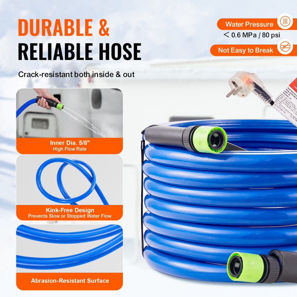 VEVOR 25ft Heated Water Hose for RV, Heated Drinking Water Hose Antifreeze to -45°F, Automatic Self-regulating, 5/8" I.D. with 3/4" GHT Adapter, Lead and BPA Free