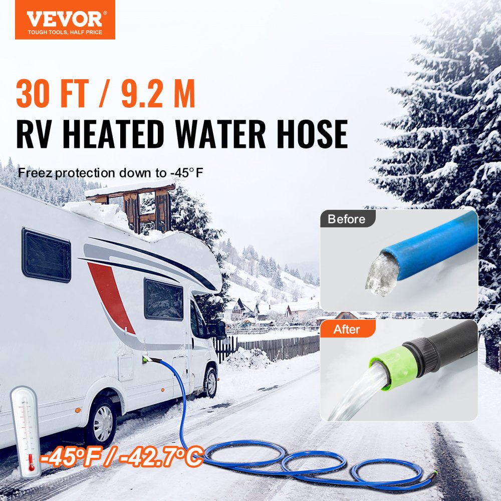 VEVOR 30ft Heated Water Hose for RV, Heated Drinking Water Hose Antifreeze to -45°F, Automatic Self-regulating, 5/8" I.D. with 3/4" GHT Adapter, Lead and BPA Free