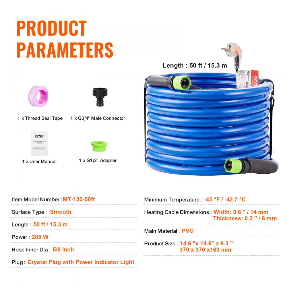 VEVOR 50ft Heated Water Hose for RV, Heated Drinking Water Hose Antifreeze to -45°F, Automatic Self-regulating, 5/8" I.D. with 3/4" GHT Adapter, Lead and BPA Free