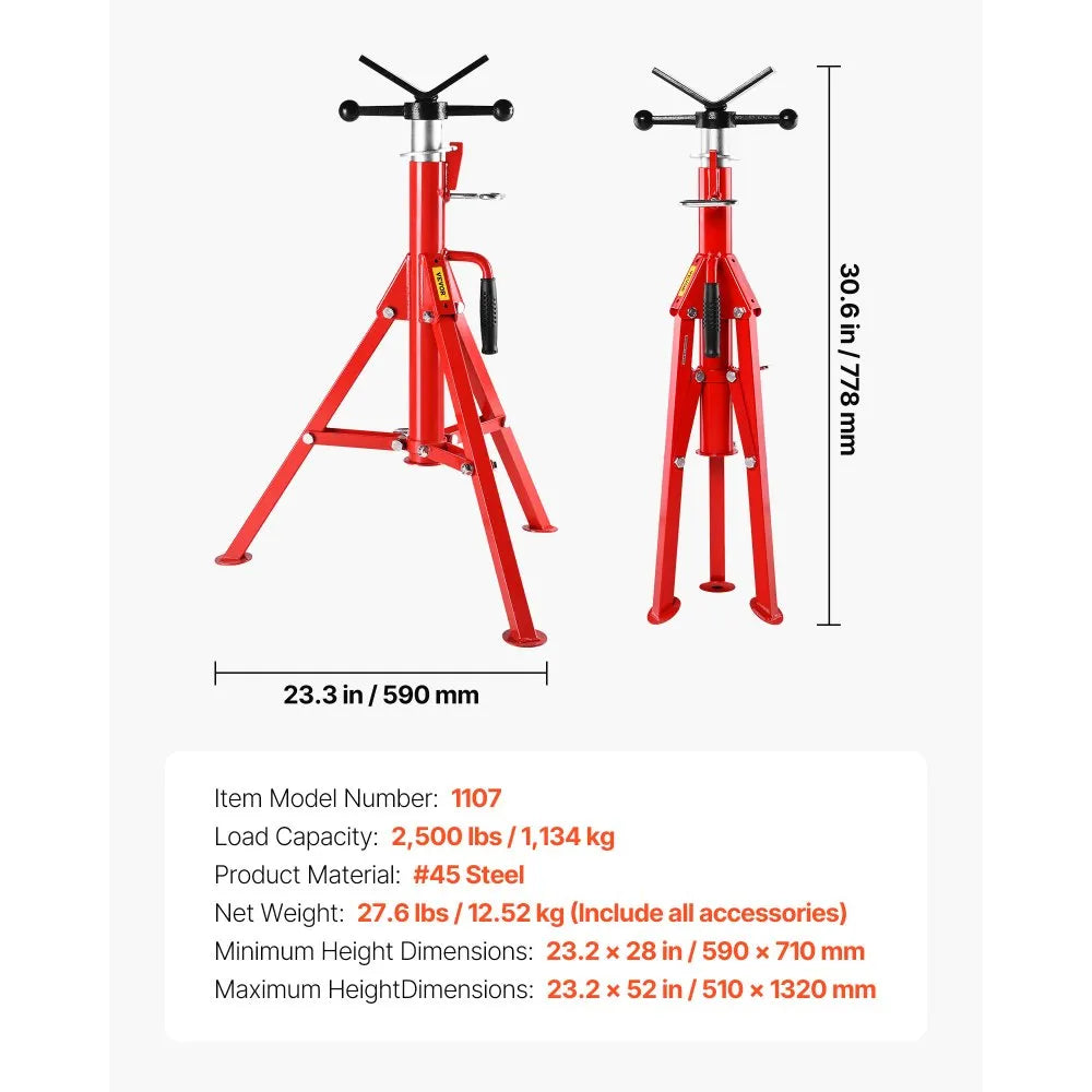 VEVOR V Head Pipe Stand Adjustable Height 28-52 Inch, Pipe Jack Stands 2500 LB. Capacity,Folding Portable Pipe Stands 1/2 to 12 Inch Pipe Supporting,Steel Jack Stands