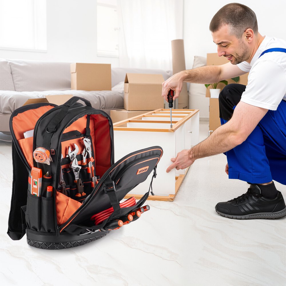 VEVOR Tool Backpack, 65 Pockets, Heavy-duty Tools Storage Organizer Work Bags with Laptop Compartment & Molded Base, Electrician Jobsite Backpack for Electrician, Repairman, and HVAC Techs