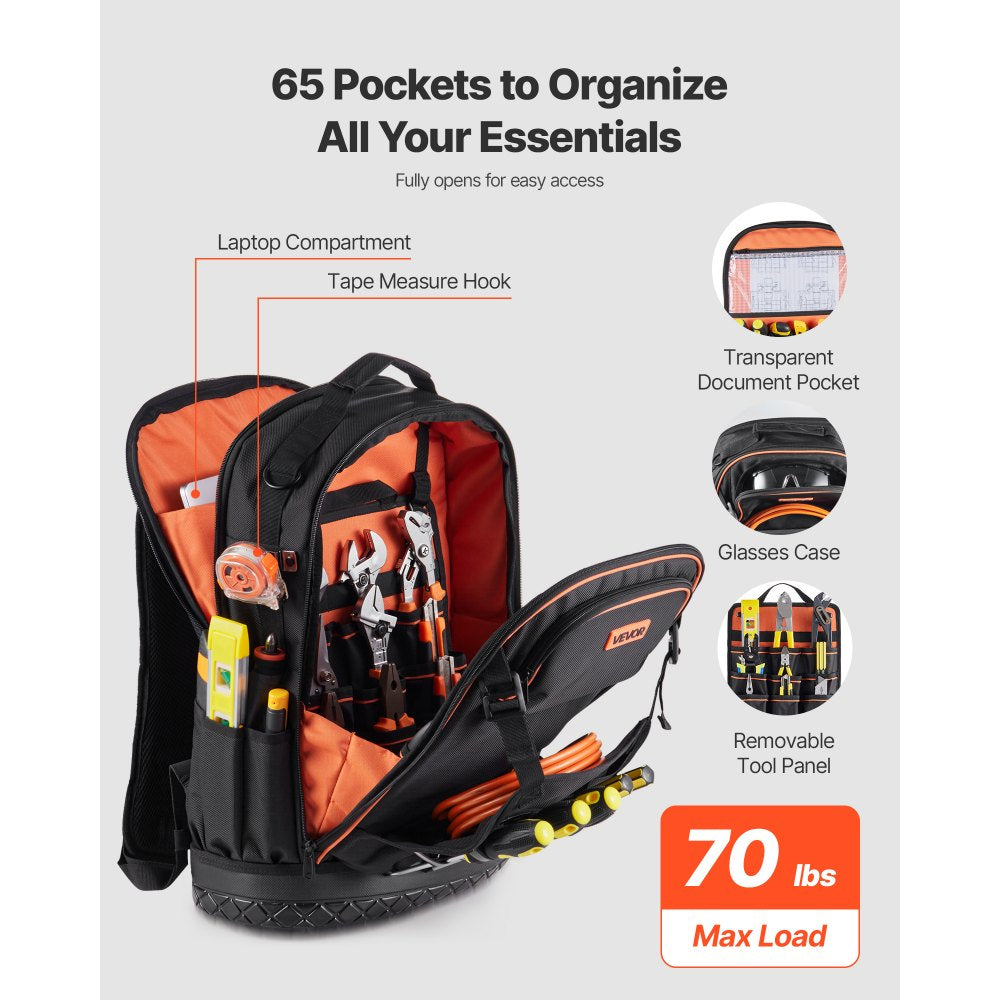 VEVOR Tool Backpack with Tools 65 Pockets Heavy-duty Tools Storage Organizer Bags with Laptop Compartment & Molded Base Electrician Jobsite Backpack