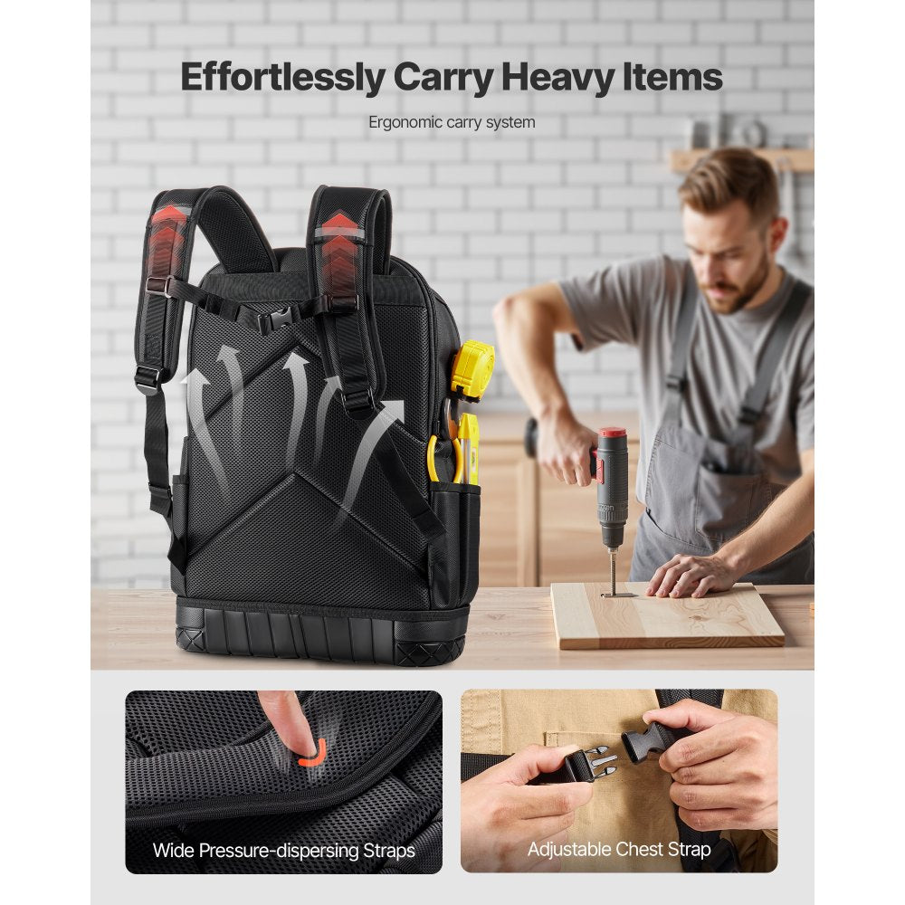 VEVOR Tool Backpack with Tools, 65 Pockets, Heavy-duty Tools Storage Organizer Bags with Laptop Compartment & Molded Base, Electrician Jobsite Backpack for Electrician, Repairman, and HVAC Techs