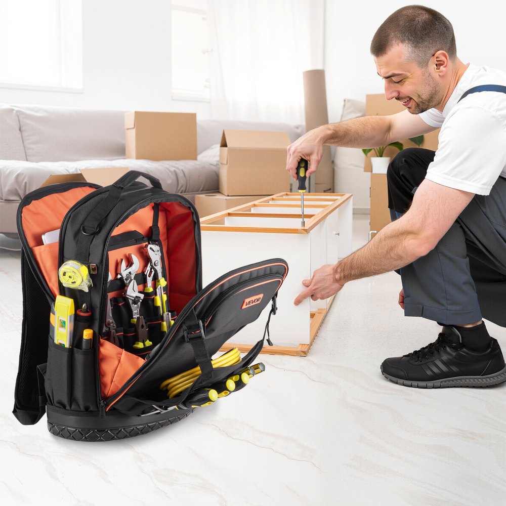 VEVOR Tool Backpack with Tools 65 Pockets Heavy-duty Tools Storage Organizer Bags with Laptop Compartment & Molded Base Electrician Jobsite Backpack