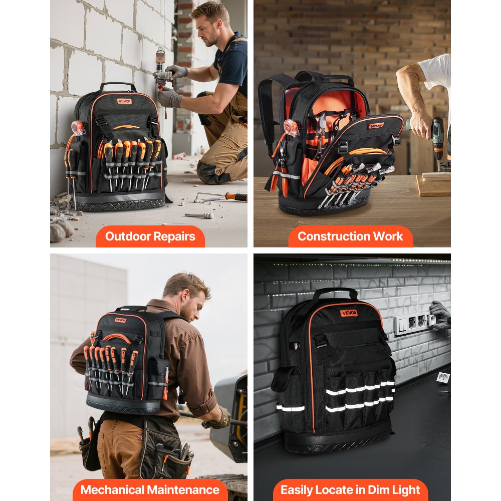 VEVOR Tool Backpack, 64 Pockets, Heavy-duty Tools Storage Organizer Work Bags with Laptop Compartment & Molded Base, Electrician Jobsite Backpack for Electrician, Repairman, and HVAC Techs
