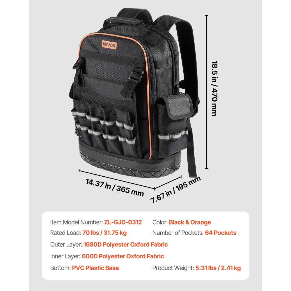 VEVOR Tool Backpack, 64 Pockets, Heavy-duty Tools Storage Organizer Work Bags with Laptop Compartment & Molded Base, Electrician Jobsite Backpack for Electrician, Repairman, and HVAC Techs