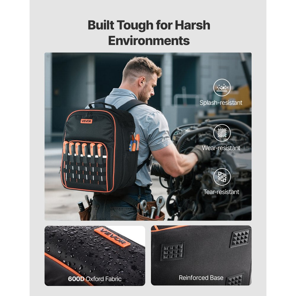 VEVOR Tool Backpack, 49 Pockets, Heavy-duty Tools Storage Organizer Work Bags with Laptop Compartment & Reinforced Fabric Base, Electrician Jobsite Backpack for Electrician, Repairman