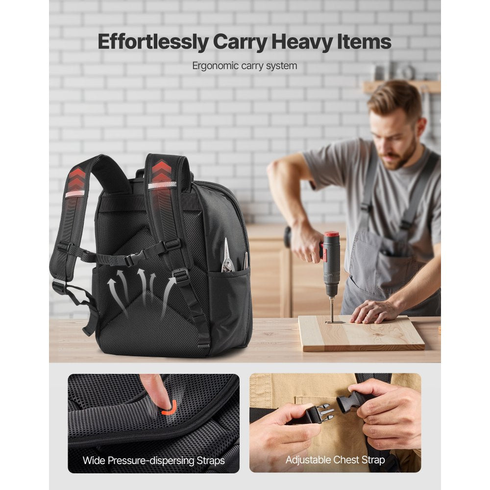 VEVOR Tool Backpack, 49 Pockets, Heavy-duty Tools Storage Organizer Work Bags with Laptop Compartment & Reinforced Fabric Base, Electrician Jobsite Backpack for Electrician, Repairman