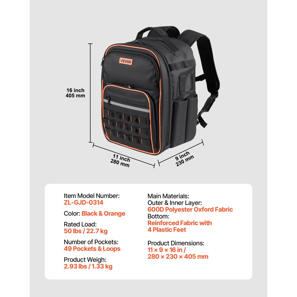 VEVOR Tool Backpack, 49 Pockets, Heavy-duty Tools Storage Organizer Work Bags with Laptop Compartment & Reinforced Fabric Base, Electrician Jobsite Backpack for Electrician, Repairman