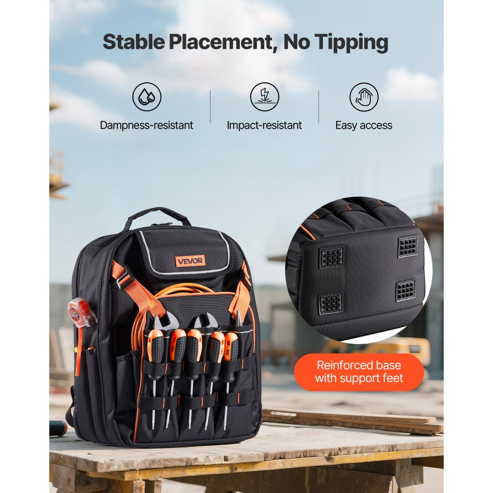 VEVOR Tool Backpack, 45 Pockets, Heavy-duty Tools Storage Organizer Work Bags with Laptop Compartment & Reinforced Fabric Basee, Electrician Jobsite Backpack for Electrician, Repairman
