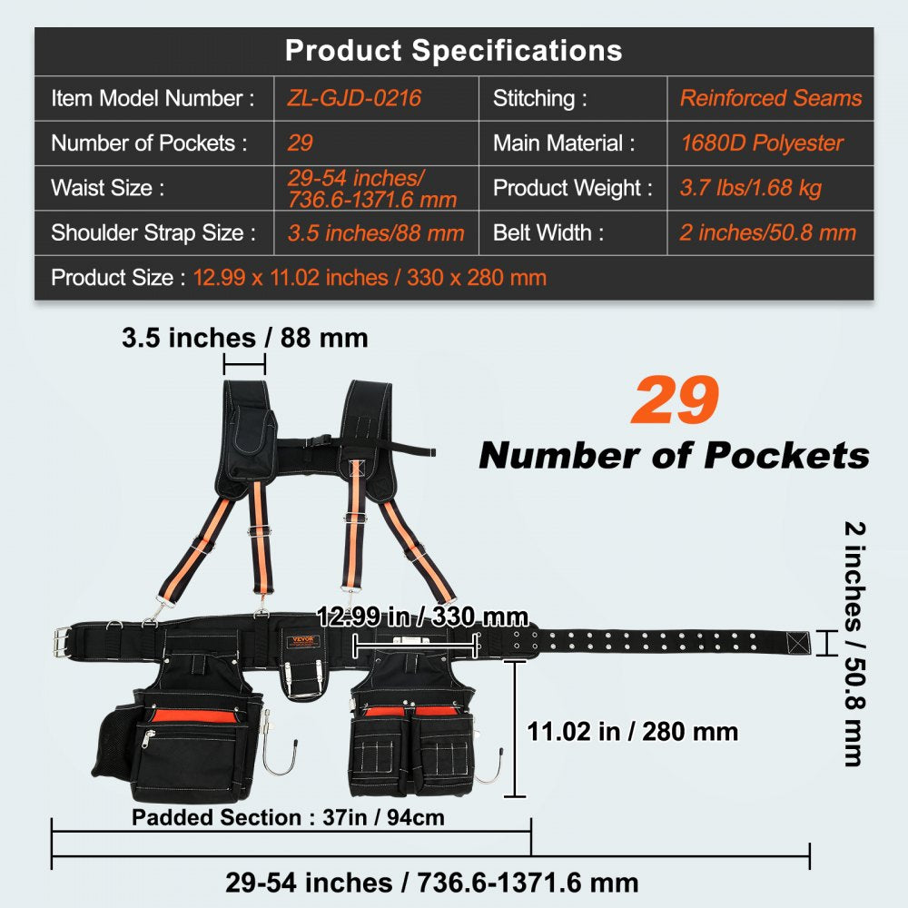 VEVOR Tool Belt with Suspenders 1680D Polyester, 29 Pockets, 29-54 inches Adjustable Waist Size, Tool Belts for Men, Heavy Duty Carpenter Tool Pouch for Carpenters, Electricians, and Gardening, Black