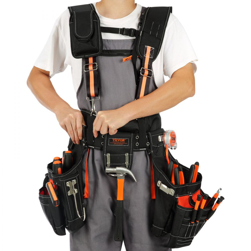 VEVOR Tool Belt with Suspenders 1680D Polyester, 29 Pockets, 29-54 inches Adjustable Waist Size, Tool Belts for Men, Heavy Duty Carpenter Tool Pouch for Carpenters, Electricians, and Gardening, Black