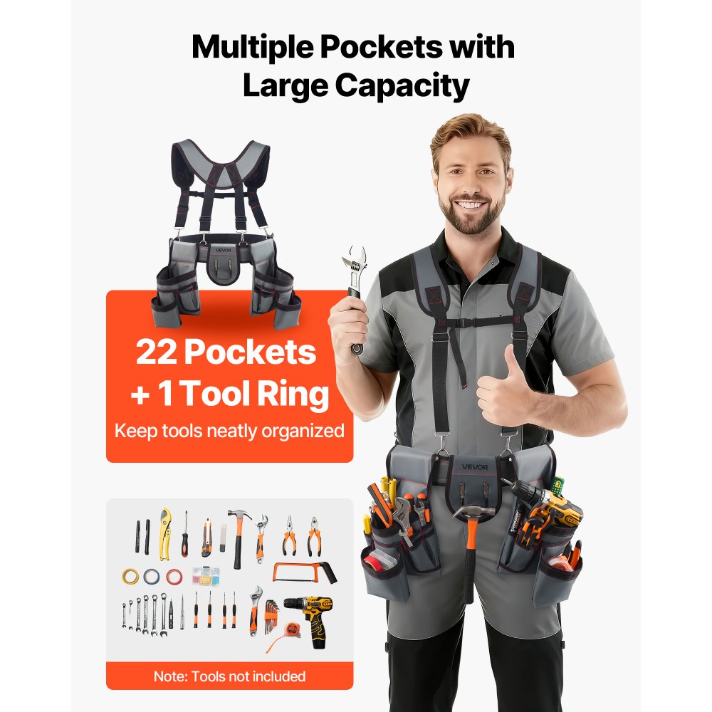 VEVOR Tool Belt, 22 Pockets Tool Pouch with Suspenders for Men, Heavy Duty Adjustable Utility Belt Bag Suspenders for Electrician, Carpenter, Construction, Work Apron Organizer Waist Adjust 32 to 68in
