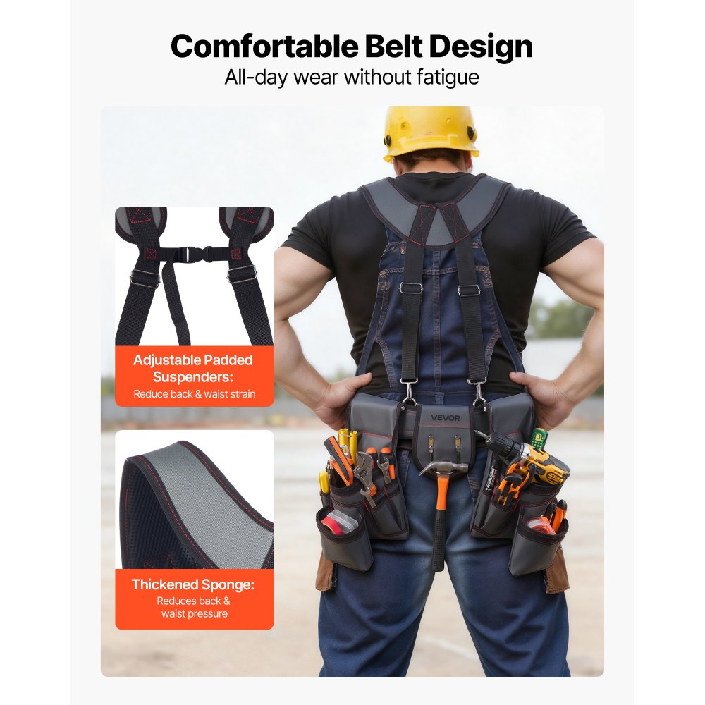 VEVOR Tool Belt, 22 Pockets Tool Pouch with Suspenders for Men, Heavy Duty Adjustable Utility Belt Bag Suspenders for Electrician, Carpenter, Construction, Work Apron Organizer Waist Adjust 32 to 68in