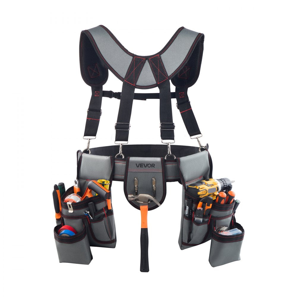 VEVOR Tool Belt, 22 Pockets Tool Pouch with Suspenders for Men, Heavy Duty Adjustable Utility Belt Bag Suspenders for Electrician, Carpenter, Construction, Work Apron Organizer Waist Adjust 32 to 68in
