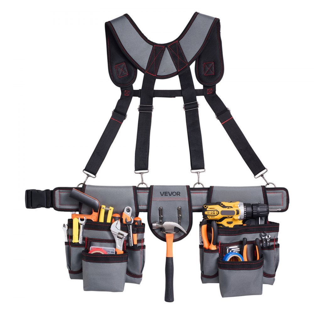 VEVOR Tool Belt, 22 Pockets Tool Pouch with Suspenders for Men, Heavy Duty Adjustable Utility Belt Bag Suspenders for Electrician, Carpenter, Construction, Work Apron Organizer Waist Adjust 32 to 68in