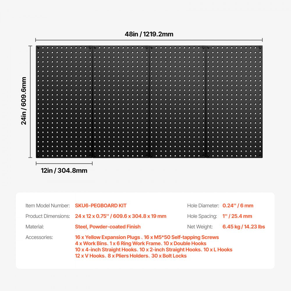 VEVOR Metal Pegboard Panels, 24" x 12" Pegboard, 4 Panels, Heavy Duty Peg Board Wall Organizer with Accessories, for Living Room Garage Tool Storage Office Organization Craft Room Kitchen Home, Black