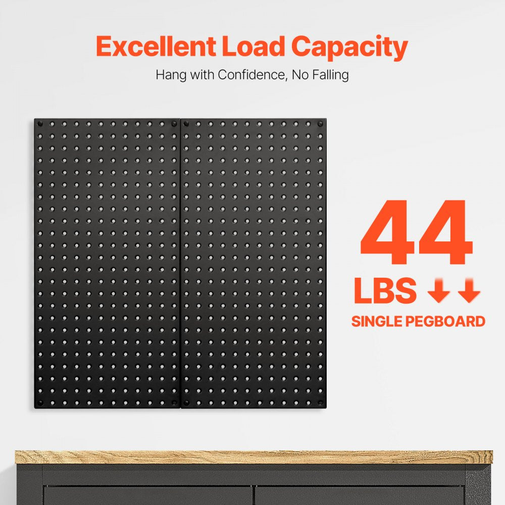 VEVOR Metal Pegboard Panels, 24" x 12" Pegboard, 2 Panels, Heavy Duty Steel Peg Board Wall Organizer, for Living Room Garage Tool Storage Workbench Office Organization Craft Room Kitchen Home, Black