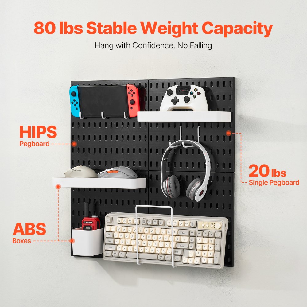 VEVOR Pegboard Combination Kit, 11" x 11" Plastic Pegboard, 4 Panels, Peg Board Wall Organizer Kit with Accessories, for Garage Tool Storage Kitchen Living Room Craft Room Office Bathroom Home, Black