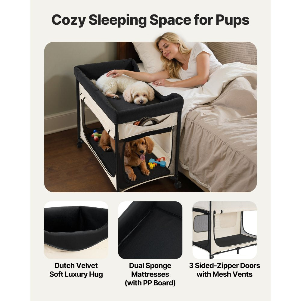 VEVOR Elevated Lounge Pet Bed, Foldable Bunk Dog Bed with 600D Oxford Cloth and Dutch Velvet, Portable Raised Cot with Wheels, Side Storage Bags, and Carry Bag for Cats & Dogs, L, Beige