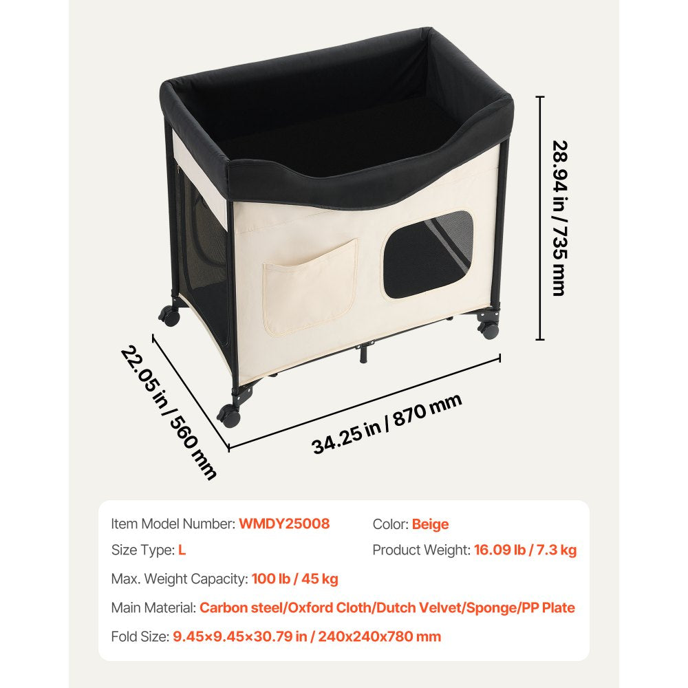 VEVOR Elevated Lounge Pet Bed, Foldable Bunk Dog Bed with 600D Oxford Cloth and Dutch Velvet, Portable Raised Cot with Wheels, Side Storage Bags, and Carry Bag for Cats & Dogs, L, Beige