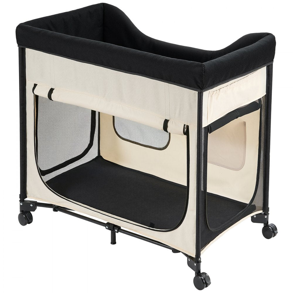 VEVOR Elevated Lounge Pet Bed, Foldable Bunk Dog Bed with 600D Oxford Cloth and Dutch Velvet, Portable Raised Cot with Wheels, Side Storage Bags, and Carry Bag for Cats & Dogs, L, Beige