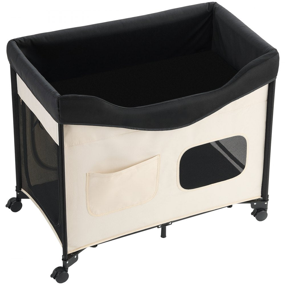 VEVOR Elevated Lounge Pet Bed, Foldable Bunk Dog Bed with 600D Oxford Cloth and Dutch Velvet, Portable Raised Cot with Wheels, Side Storage Bags, and Carry Bag for Cats & Dogs, XL, Beige