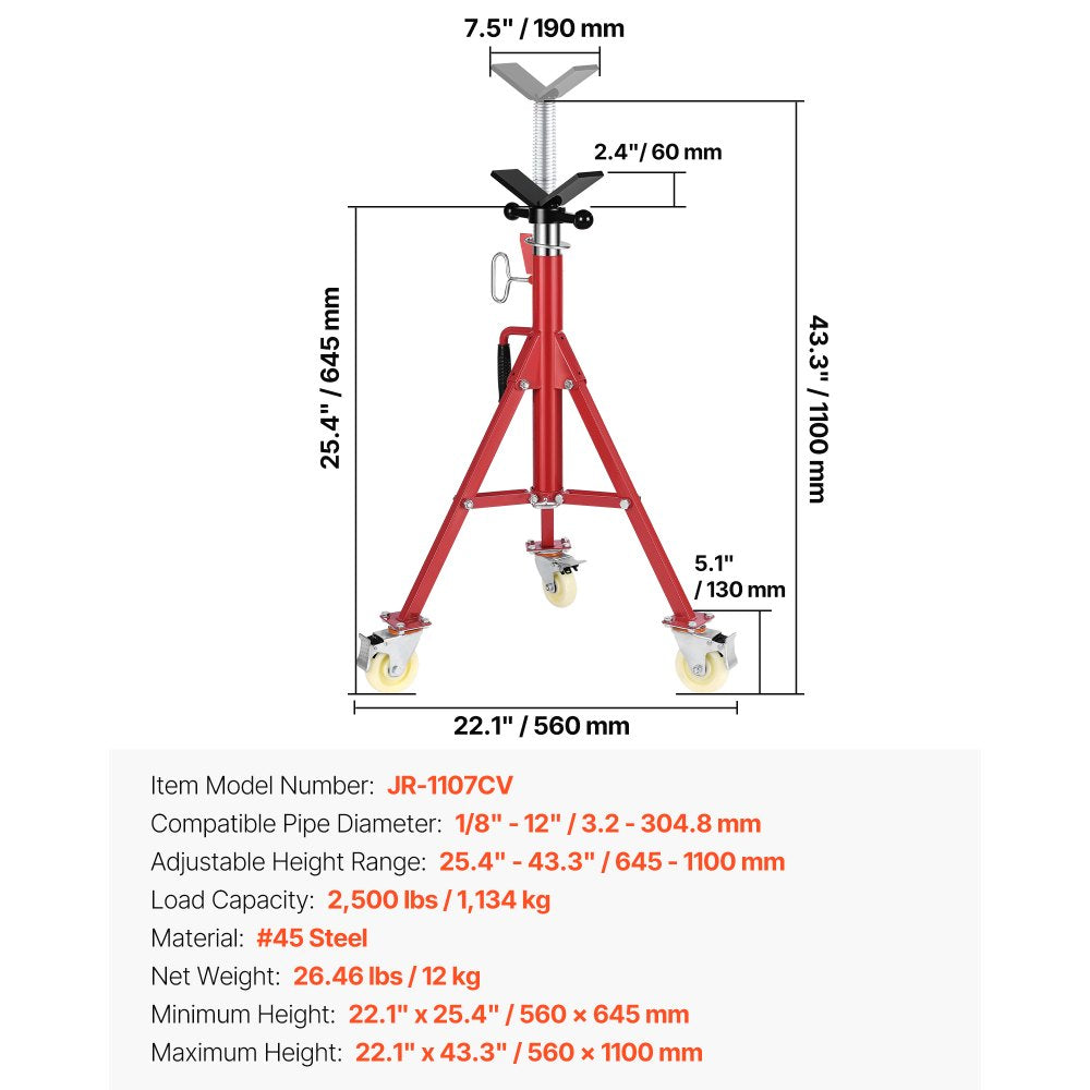 VEVOR Pipe Stand, V Head Pipe Jack Stand Adjustable Height 20-37 Inch, 2500LBS Pipe Jack Stands with Casters, Folding Portable Pipe Stands for 1/8 to 12 Inch Pipe Supporting