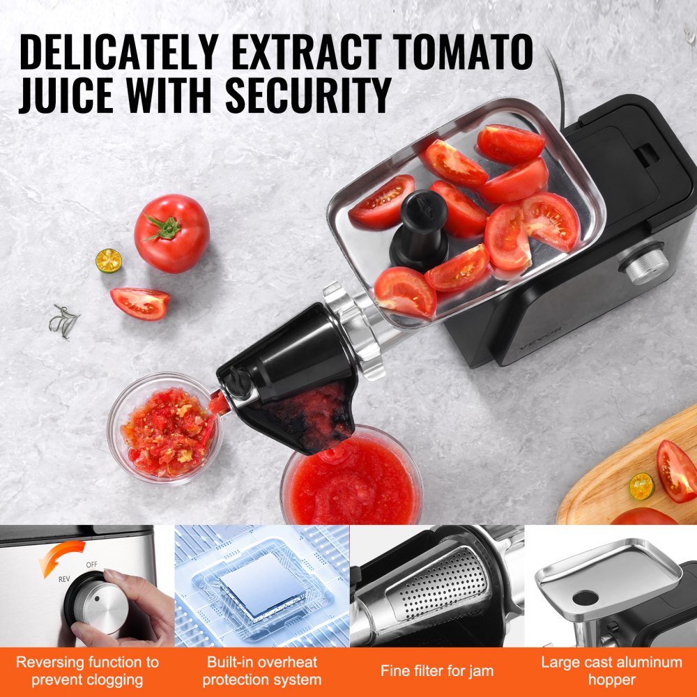 VEVOR Electric Tomato Strainer, 500W Tomato Sauce Maker Machine, 4.9 LBS/Min Food Strainer and Sauce Maker, Pure Copper Motor Food Mill with Reverse Function for Tomato Strawberry Blueberry Sauce